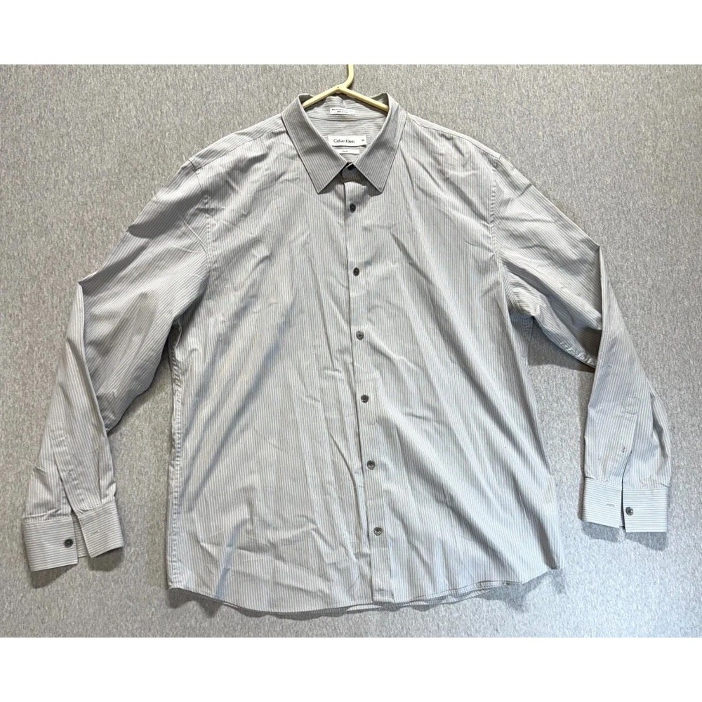 Calvin Klein Shirt Mens 2XL Gray Striped Cotton Slim Fit Button Up Everyday Wear